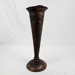 Embossed Copper Trumpet Pedestal Vase Arts & Crafts Boho Whimsical